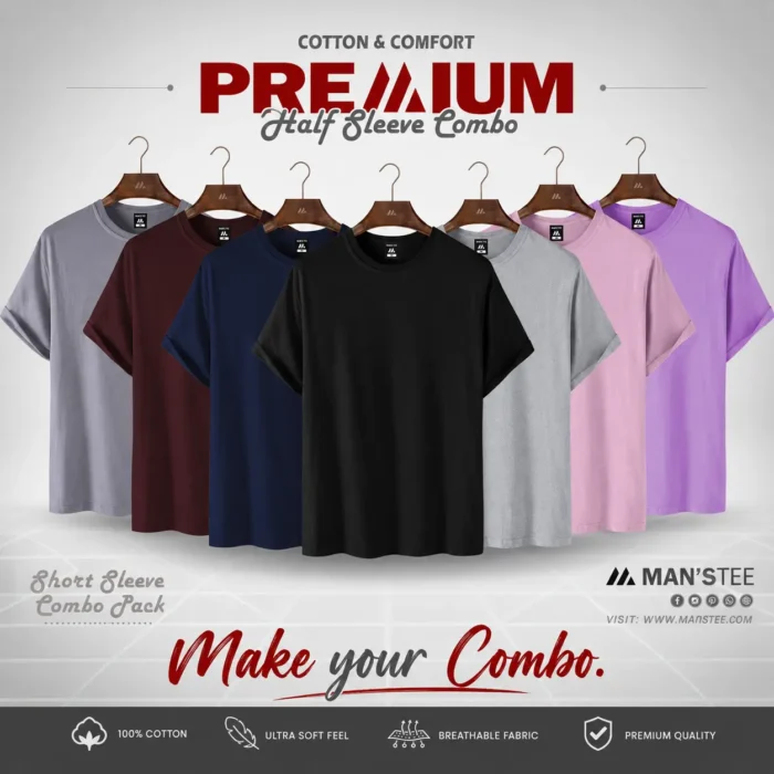 MAN'S TEE premium half sleeve combo pack with 15+ solid color T-shirts