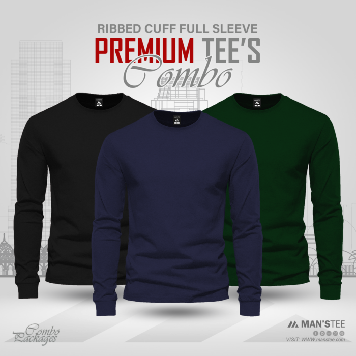 Full Sleeve T-shirt Combo - Black, Navy Blue, Bottle Green - Image 1
