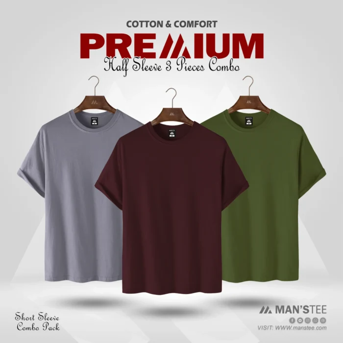 HALF SLEEVE COMBO - (CHARCOAL, MAROON, OLIVE) - Image 1