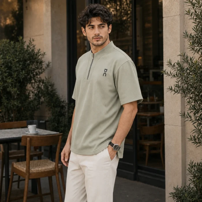 Men’s Textured Mandarin Zipper T-Shirt - Image 3