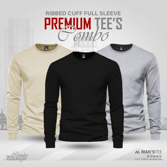 Full Sleeve T-shirt Combo - Cream, Black, Ash - Image 1
