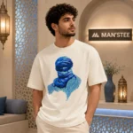 Premium Cream Blue Veiled Graphic Half Sleeve T-shirt