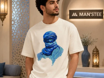 Premium Cream Blue Veiled Graphic Half Sleeve T-shirt