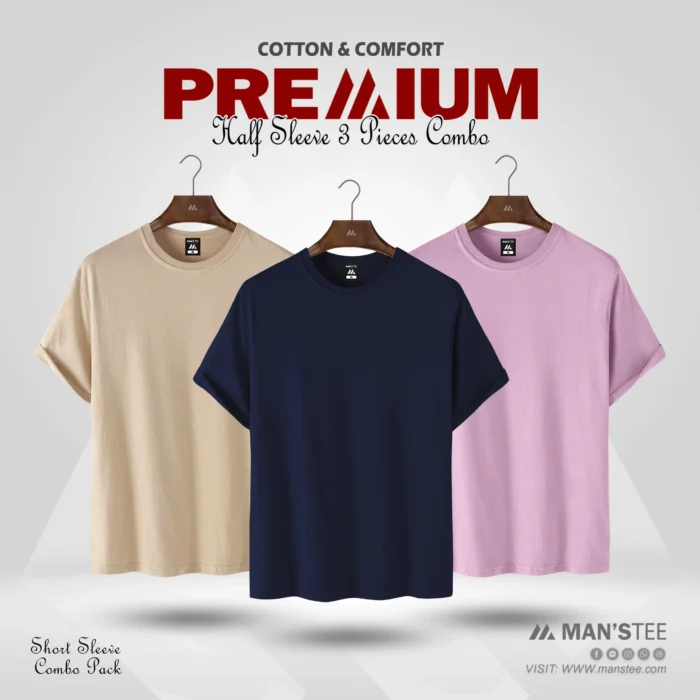 Cream-Navy-Pink-scaled-1.webp HALF SLEEVE COMBO - (CREAM, NAVY BLUE, BABY PINK) - Image 1