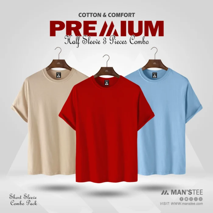 Cream-Red-Sky-scaled-1.webp HALF SLEEVE COMBO - (CREAM, RED, SKY BLUE) - Image 1