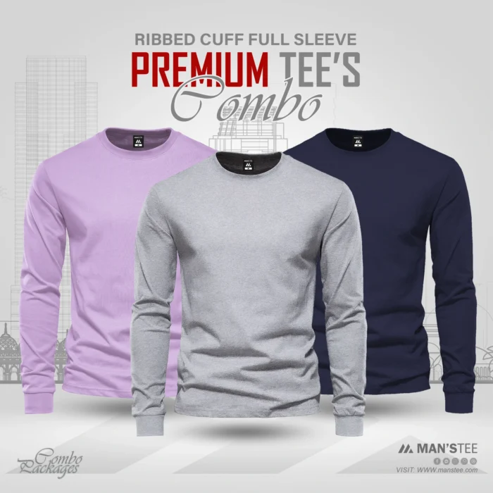 Lavender-Ash-Navy.webp Full Sleeve T-shirt Combo - Lavender, Ash, Navy - Image 1