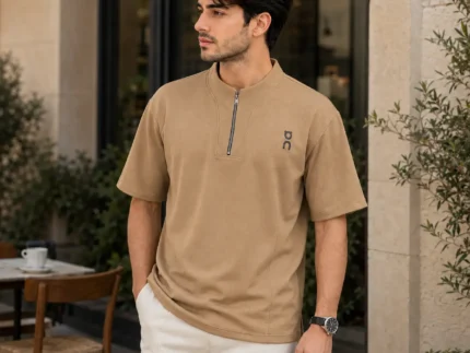 Men’s Textured Mandarin Zipper T-Shirt