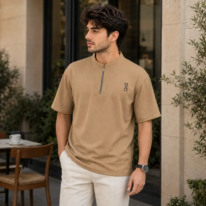 Mandarin-Zipper-Camel-Lifestyle Men’s Textured Mandarin Zipper T-Shirt - Image 1