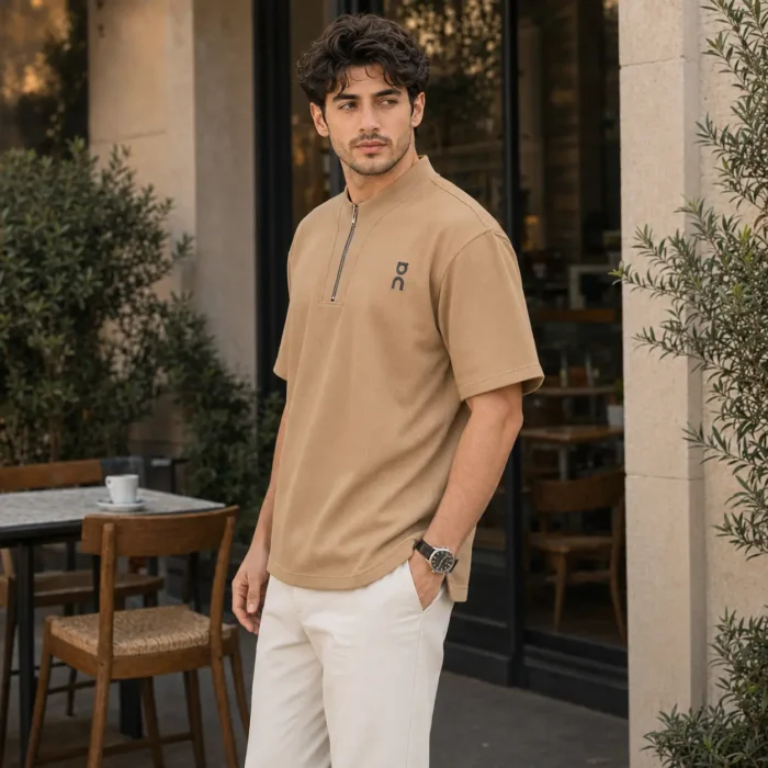 Men’s Textured Mandarin Zipper T-Shirt - Image 7