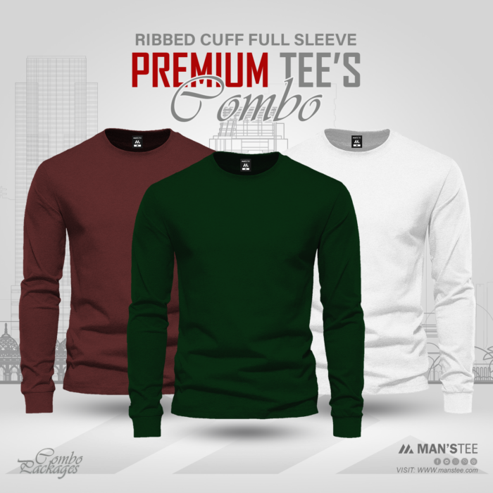 Full Sleeve T-shirt Combo - Maroon, Bottle Green, White - Image 1