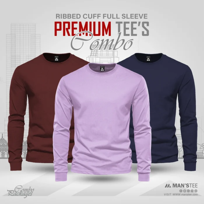 Full Sleeve T-shirt Combo - Maroon, Lavender, Navy Blue - Image 1