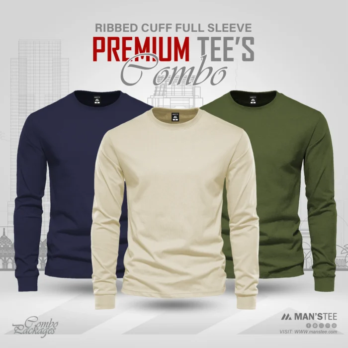 Navy-Blue-Cream-Olive.webp Full Sleeve T-shirt Combo - Navy Blue, Cream, Olive - Image 1