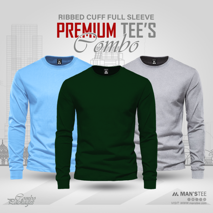 Full Sleeve T-shirt Combo - Sky, Bottle Green, Ash - Image 1