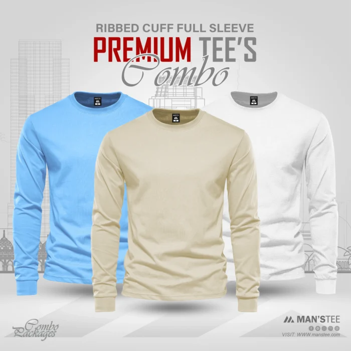 Full Sleeve T-shirt Combo - Sky, Cream, White - Image 1