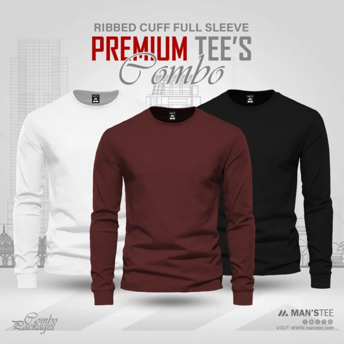 White-Maroon-Black.webp Full Sleeve T-shirt Combo - White, Maroon, Black - Image 1
