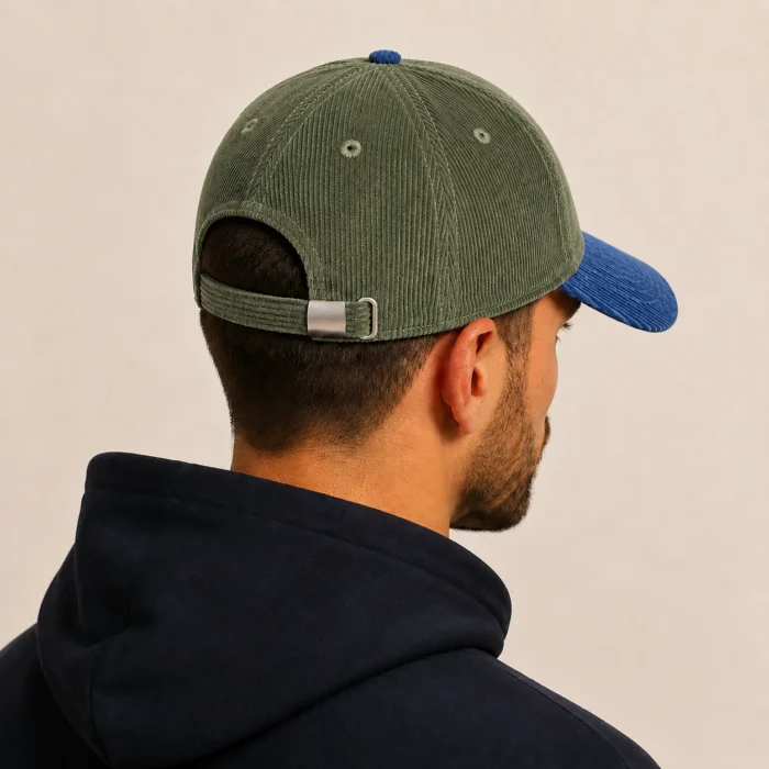 Premium Two-Tone Corduroy Cap – Olive & Royal Blue - Image 2