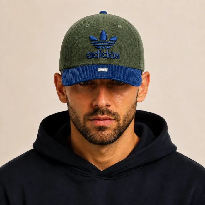 Premium Two-Tone Corduroy Cap – Olive & Royal Blue - Image 3