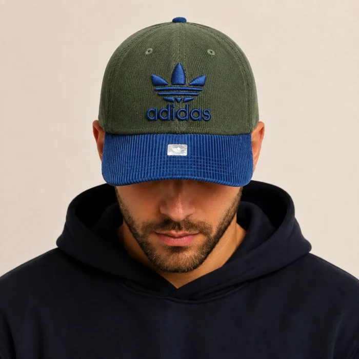 adidas-olive-blue-corduroy-cap-model-main Premium Two-Tone Corduroy Cap – Olive & Royal Blue - Image 1