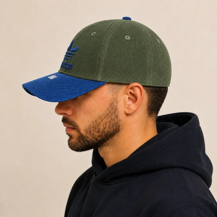 Premium Two-Tone Corduroy Cap – Olive & Royal Blue - Image 4