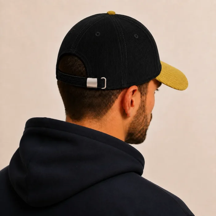 Premium Two-Tone Corduroy Cap – Black & Mustard - Image 2