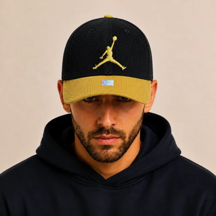 Premium Two-Tone Corduroy Cap – Black & Mustard - Image 3