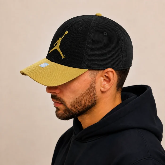 Premium Two-Tone Corduroy Cap – Black & Mustard - Image 4