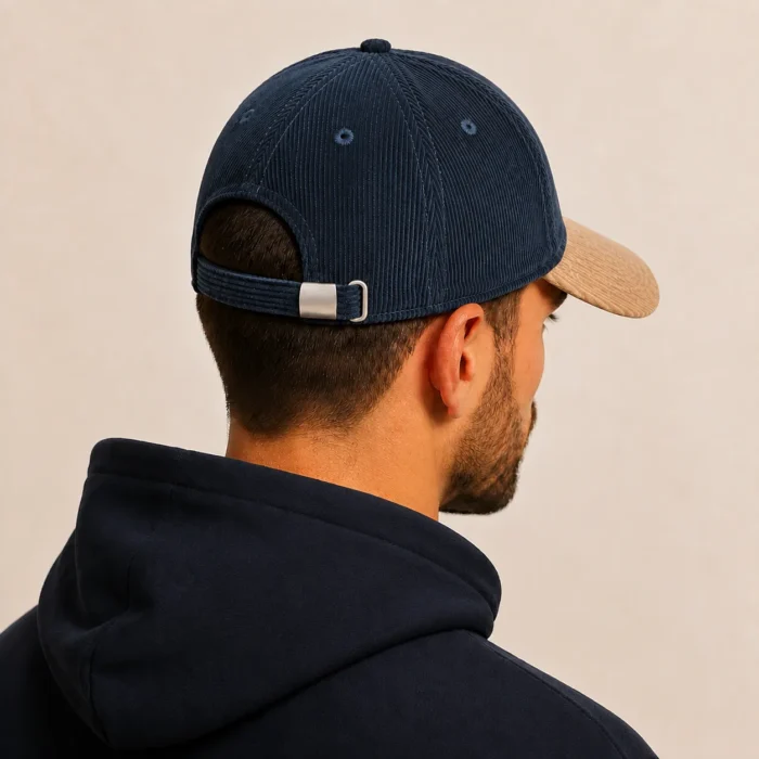 Premium Two-Tone Corduroy Cap – Navy Blue & Beige - Image 4