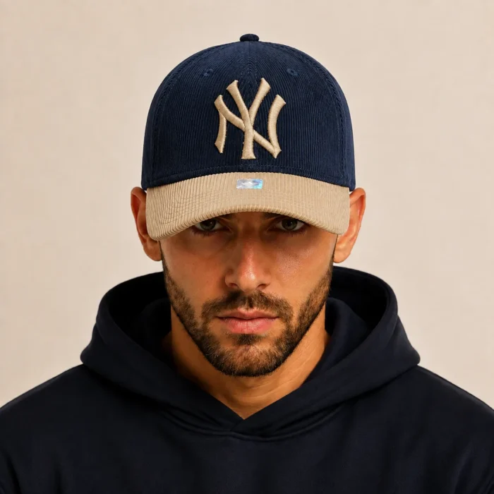Premium Two-Tone Corduroy Cap – Navy Blue & Beige - Image 3