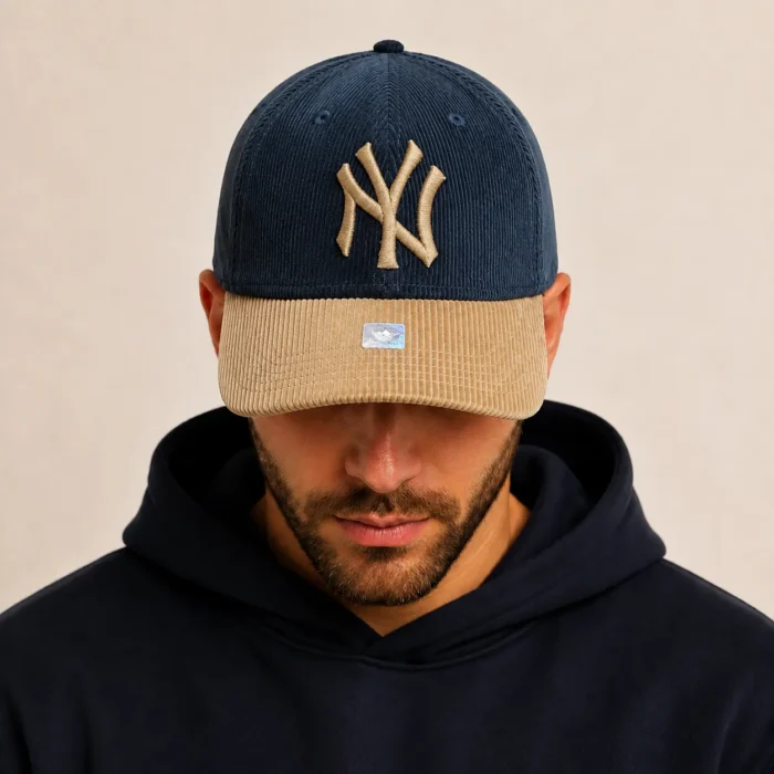 Premium Two-Tone Corduroy Cap – Navy Blue & Beige - Image 1