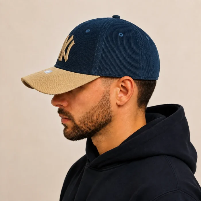 Premium Two-Tone Corduroy Cap – Navy Blue & Beige - Image 2